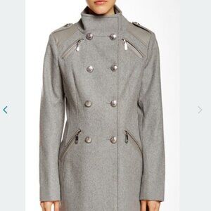 Vince Camuto Faux Leather Trim Double Breasted Wool Military Coat M